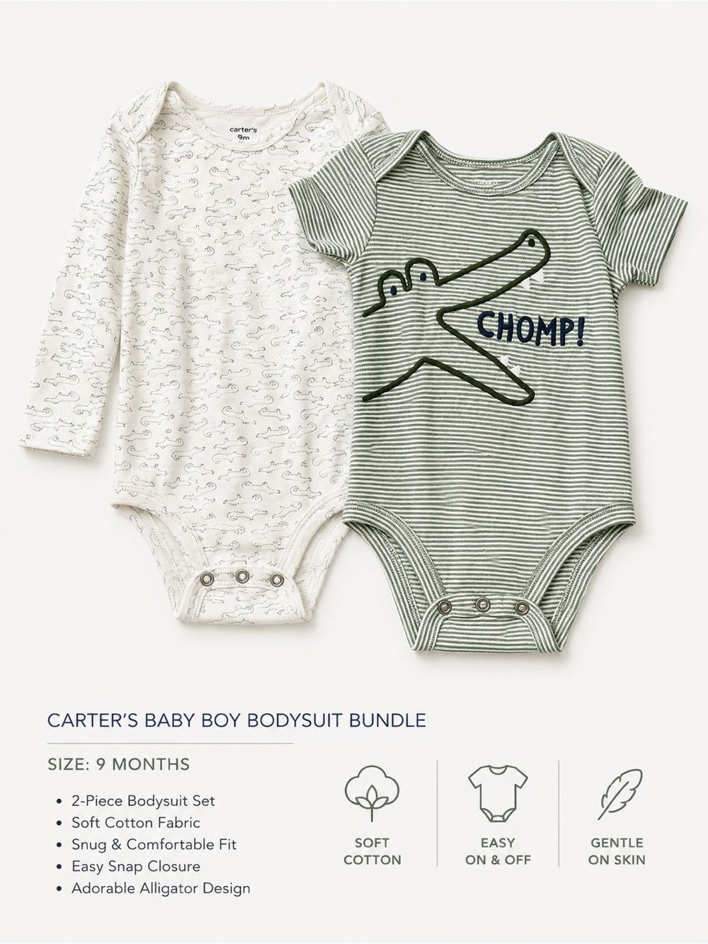 Carter’s Baby Boy 9M Alligator Bodysuit Bundle 2-Piece Long & Short Sleeve Set
